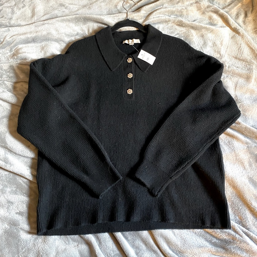 LOFT Crystal Embellished Button Collared Black Sweater